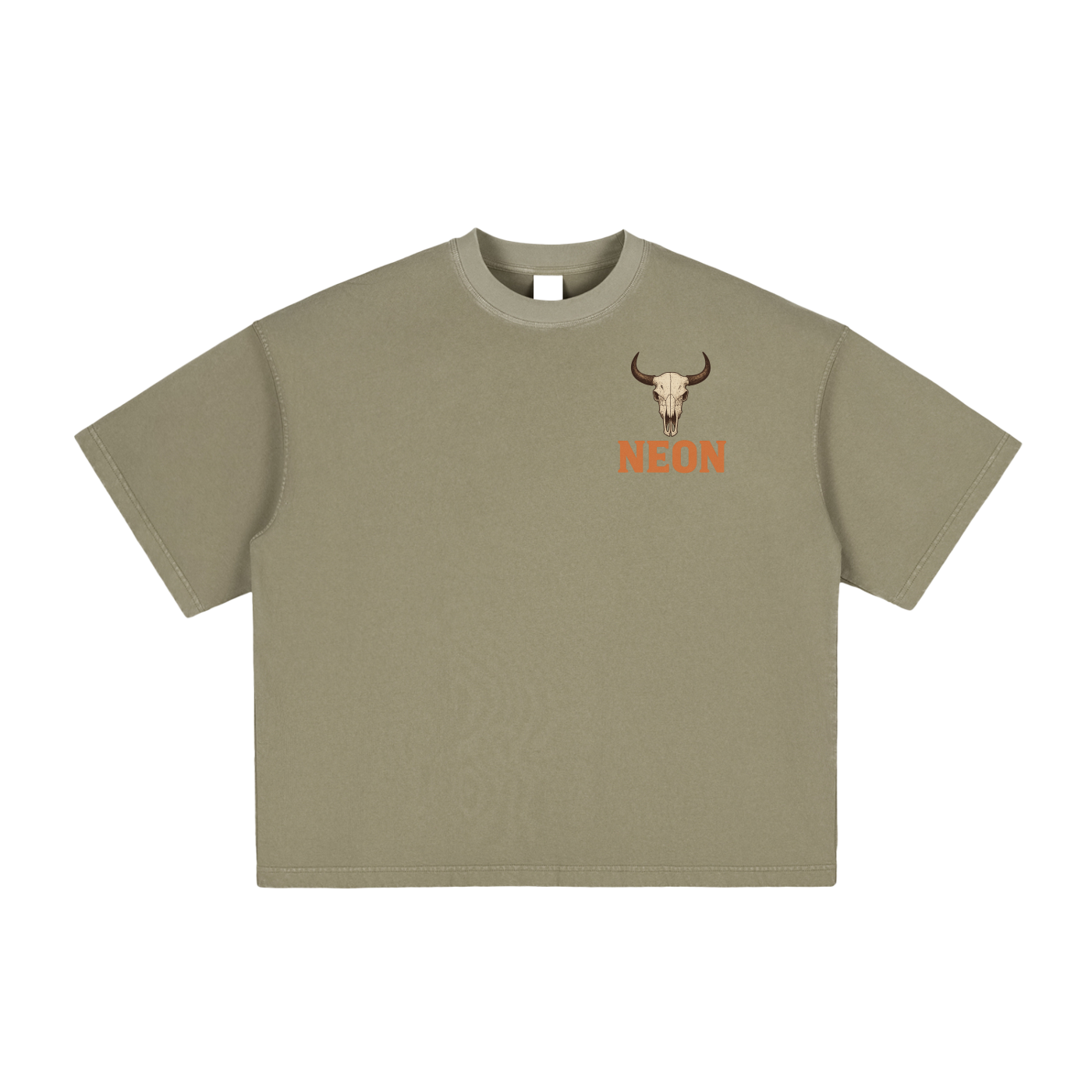 Khaki t-shirt with a bull head graphic and 'NEON' text 