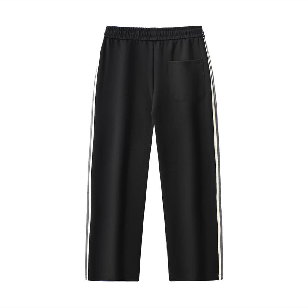 Black pants with white stripes on a white background. NEON American Clothing.