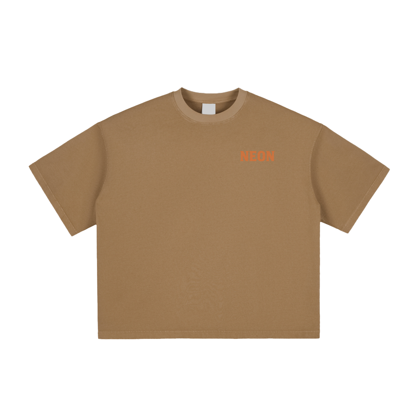 Front of rodeo Tshirt showing red NEON logo. Brown Tshirt.