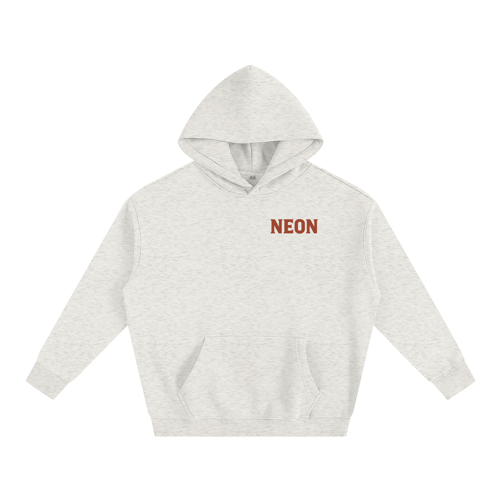 Gray oversized NEON American Clothing Hoodie with red NEON bold logo to front.