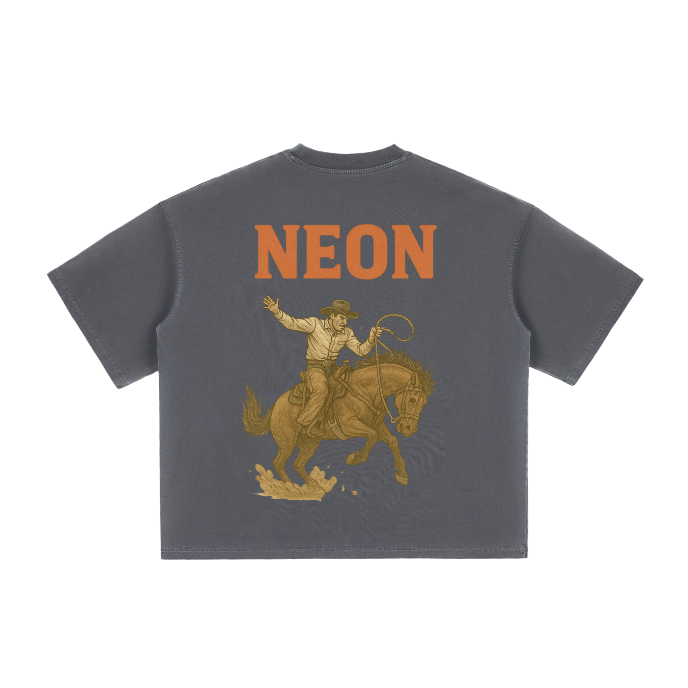 NEON American Clothing Tee, with a rodeo print on the back showing a horse and a cowboy. NEON logo in red. Western image.