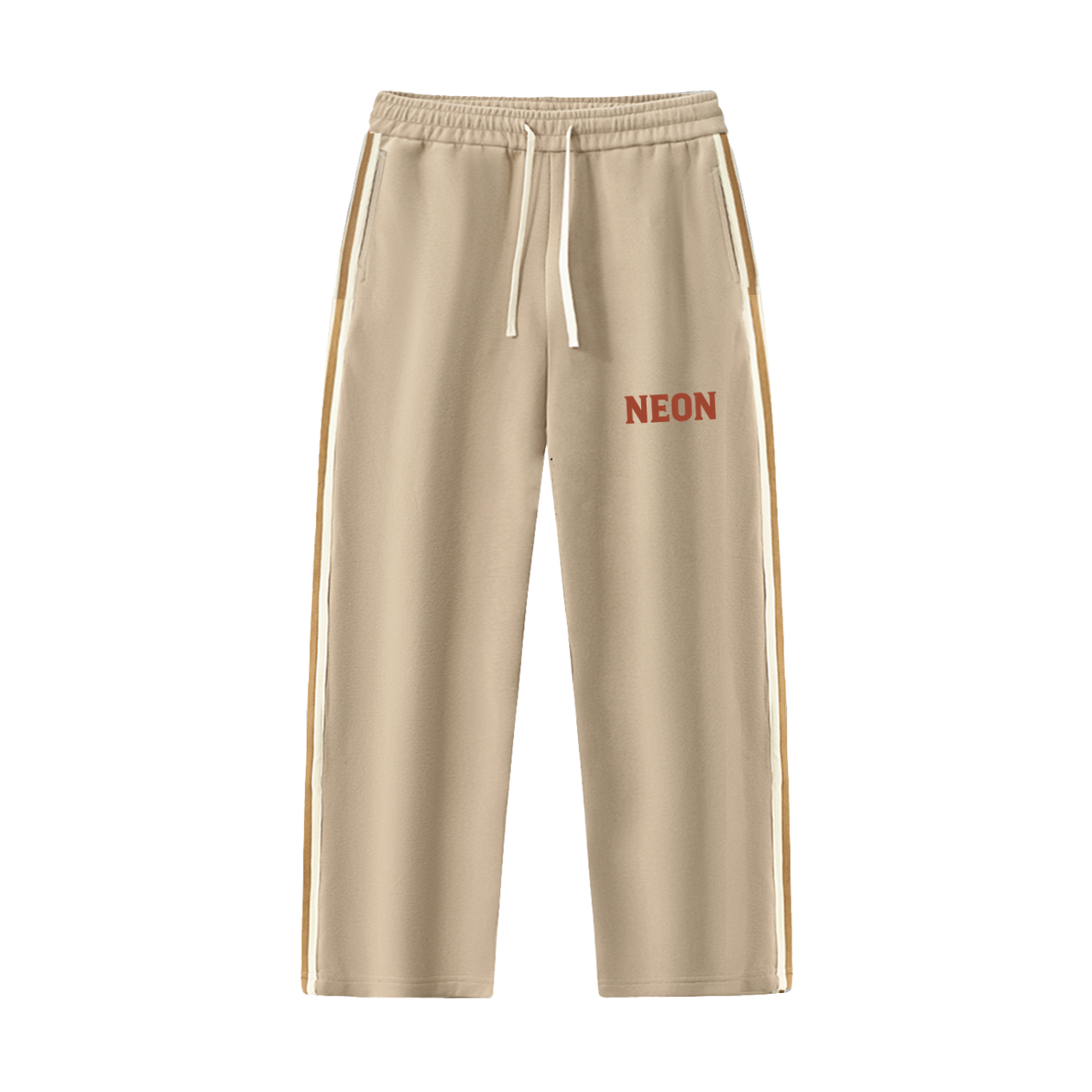 Beige sweatpants with 'NEON' text on a white background