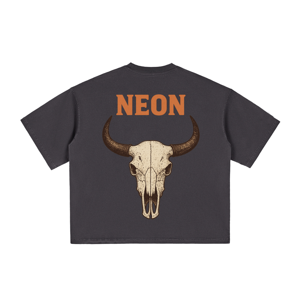 Black t-shirt with a buffalo skull design and 'NEON' text on the back.