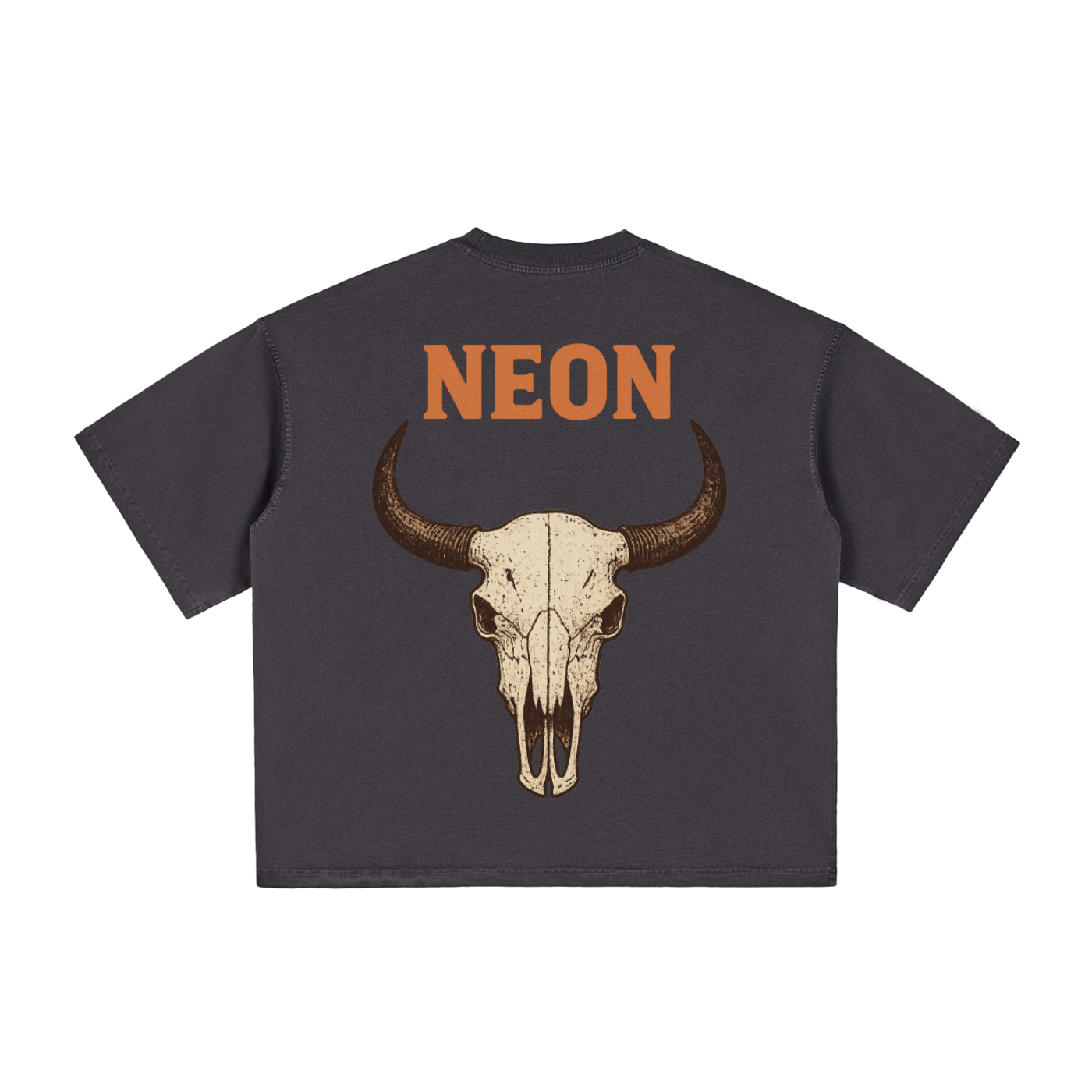 Black t-shirt with a buffalo skull design and 'NEON' text on the back.