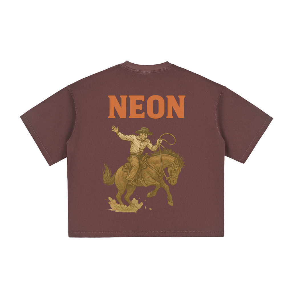Burgandy red Tshirt by NEON American Clothing showing a horse and cowboy print. NEON bold logo.