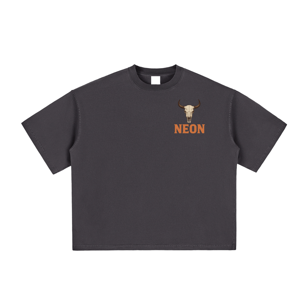 Black t-shirt with a skull print and 'NEON' text on a white background