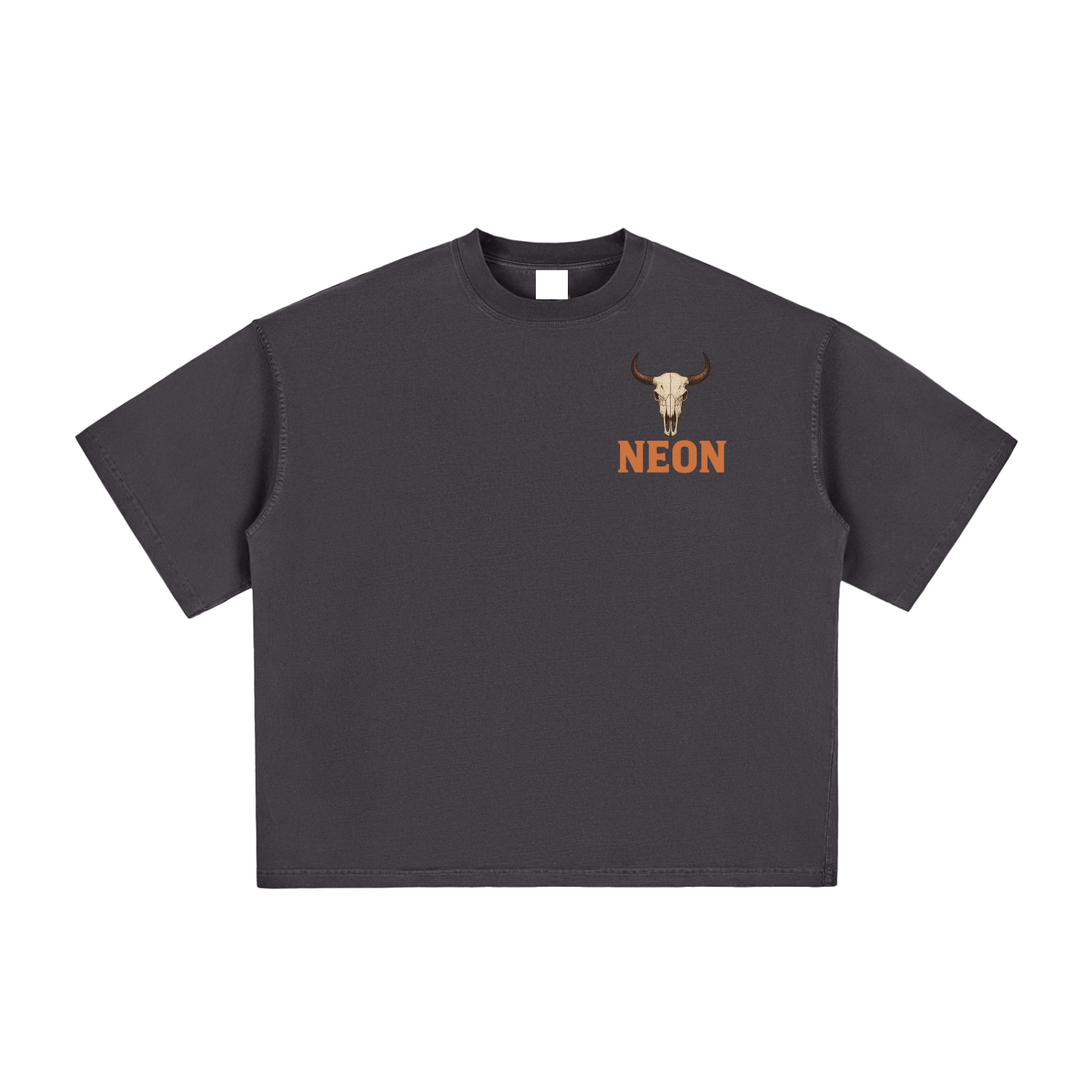 Black t-shirt with a skull print and 'NEON' text on a white background