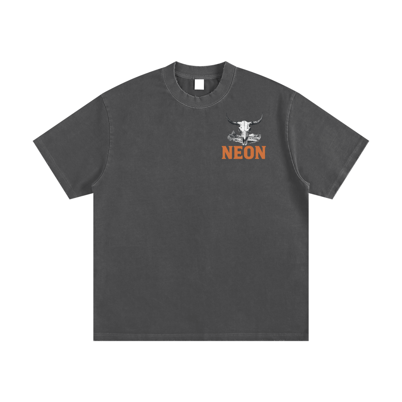 Gray t-shirt with a skull print and 'NEON' text 