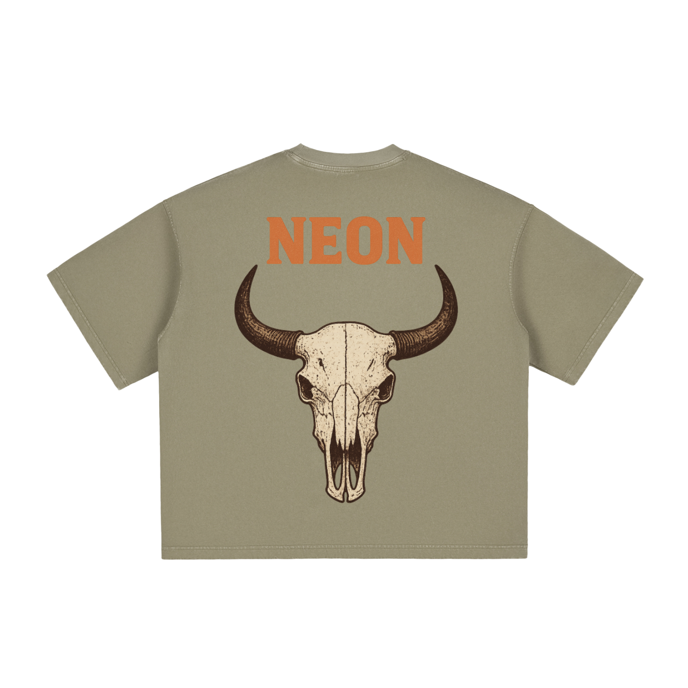 Beige t-shirt with a buffalo skull design and 'NEON' text